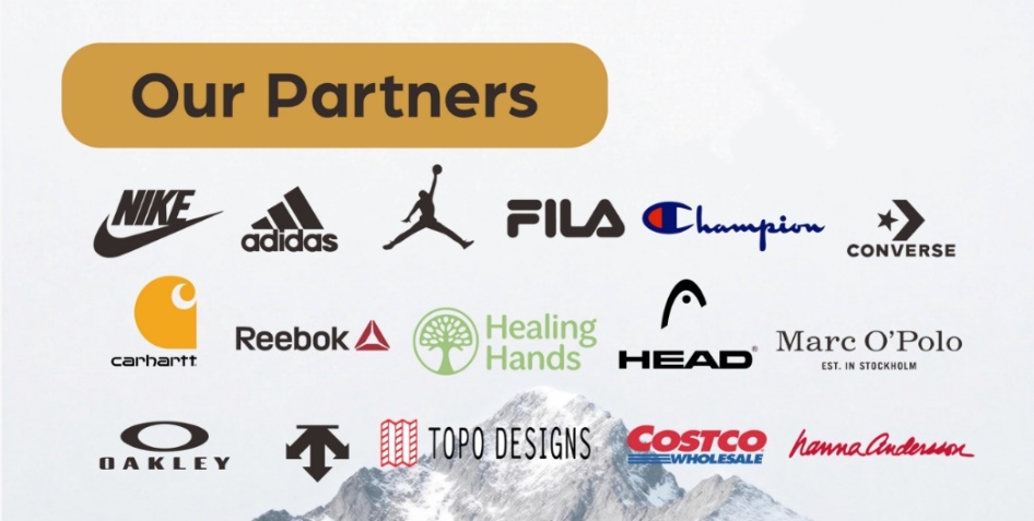 Our partners — Nike, Adidas, FILA, Champion, Converse, Carhartt, Reebok, Healing Hands, HEAD, Marc O'Polo, Oakley, Topo Designs, Costco, Hanna Andersson